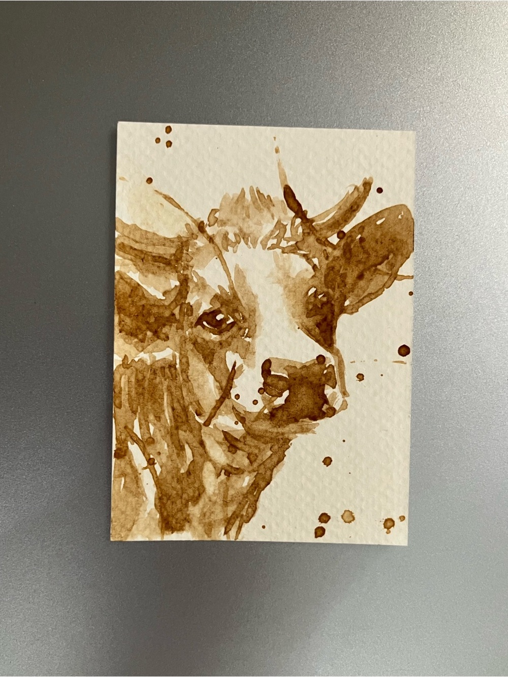 ORIGINAL coffee cow painting bull art western miniature realism ACEO artwork